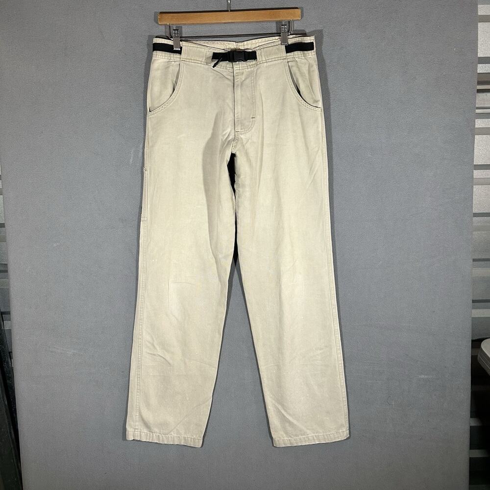 VTG prAna Climbing Belted Pants Mens M 34x31 Tan Cotton Canvas Made in USA
